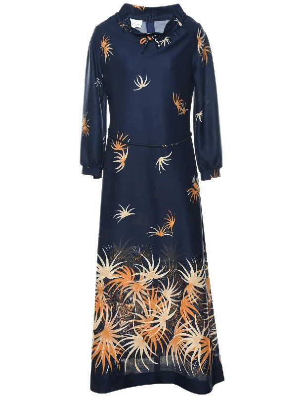 1970s Orange & Navy Printed High Neck Dress - S Sleek Women's 