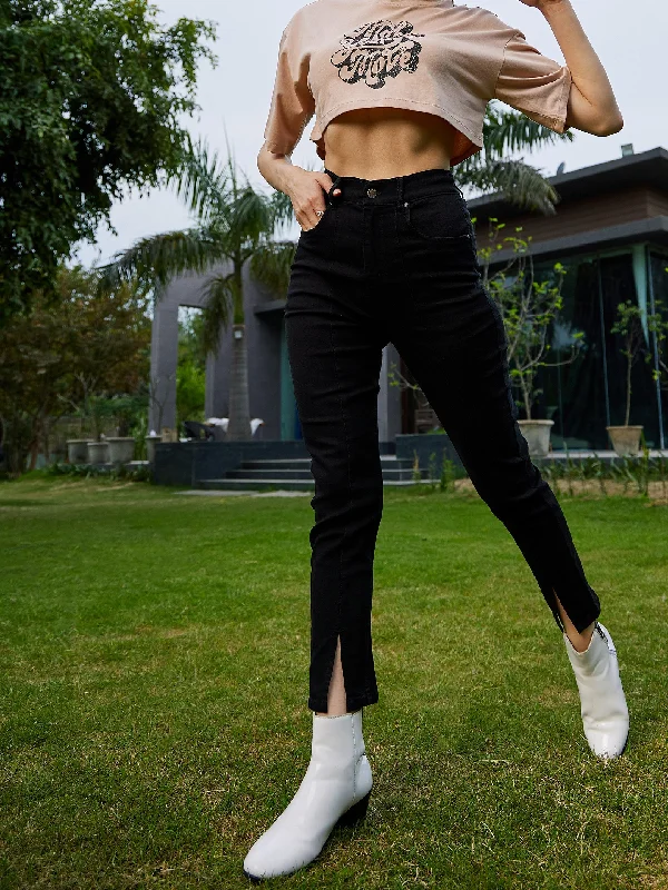 Women Black Hem Slit Relax Premium Jeans Sustainable Organic