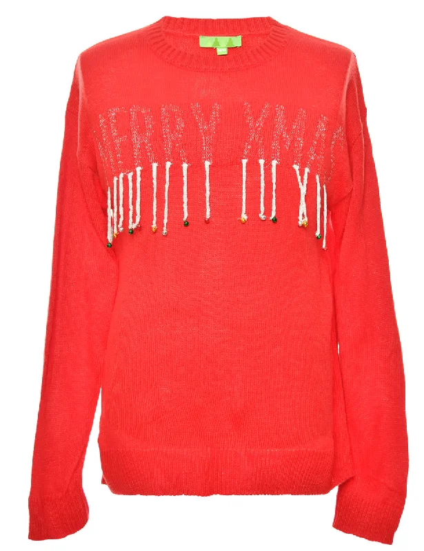 Red Classic Beaded Christmas Jumper - M Traditional Women's Wool