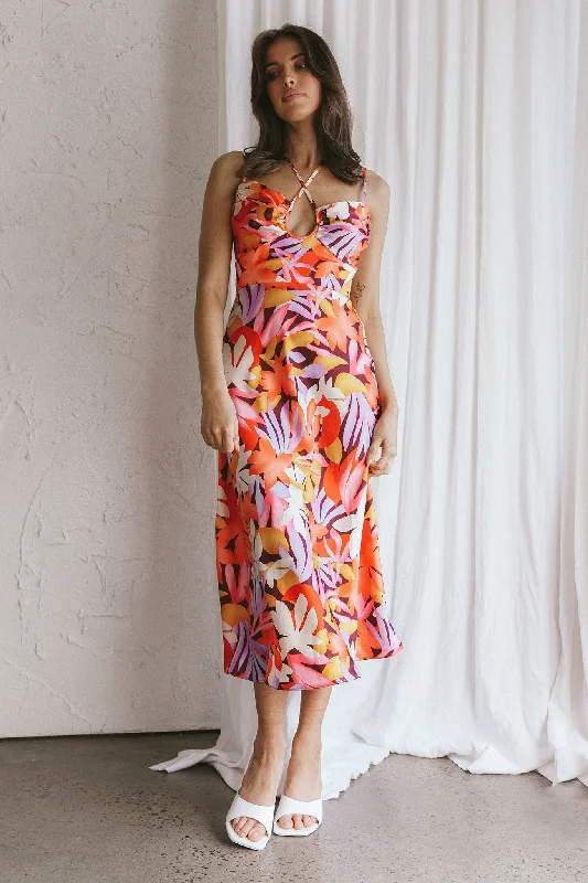 Emmalie Satin Midi Dress Floral Orange Traditional Women's Wool