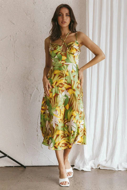 Emmalie Satin Midi Dress Floral Green Casual Women's Japanese 