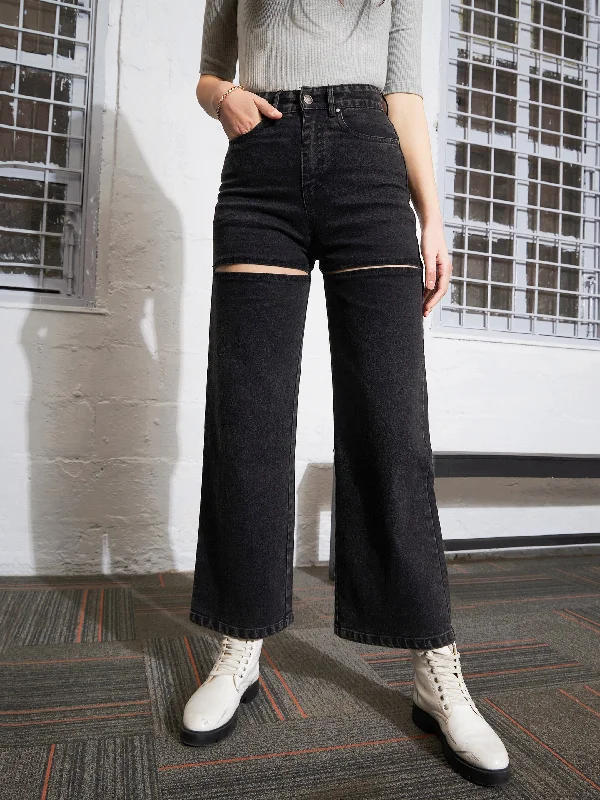 Women Black Washed Thigh Cut Out Straight Jeans Feminine Women's Soft 