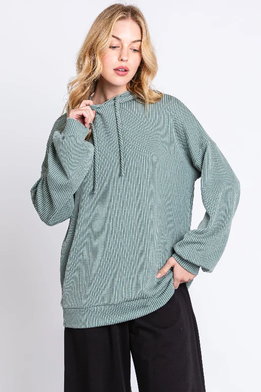 Light Olive Ribbed Hooded Top Traditional Women's 