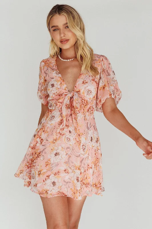 Madison Bow Tie Bust Puff Sleeve Dress Flowers Orange Country
