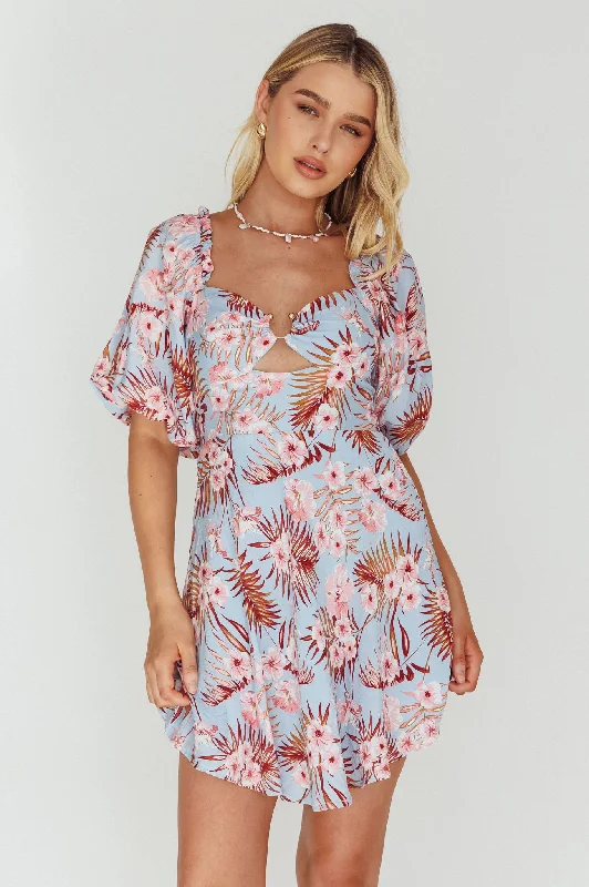 Alpha Cut-Out Bodice Mini Dress Floral Blue Elegant Women's Formal 