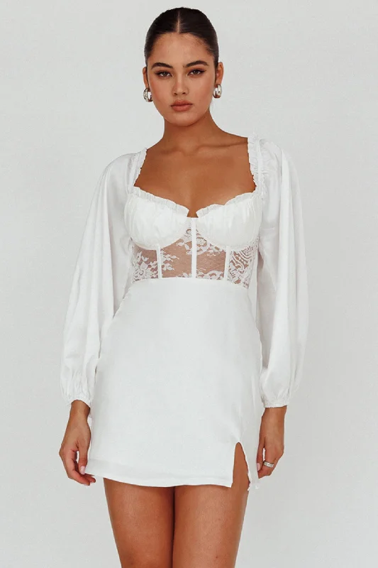 Trophy Long Sleeve Lace Bodice Mini Dress White Trendy Women's 
