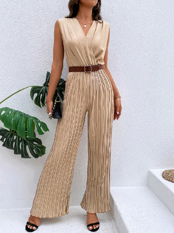Pleated Sleeveless Straight Leg Jumpsuit Cozy Women's Winter
