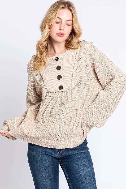 Beige Front Button Knit Sweater Vintage Women's 1970S 