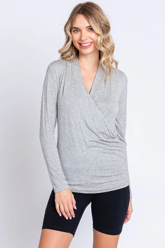Heather Grey Long Sleeve Wrap Nursing Top Sophisticated Women's Tailored