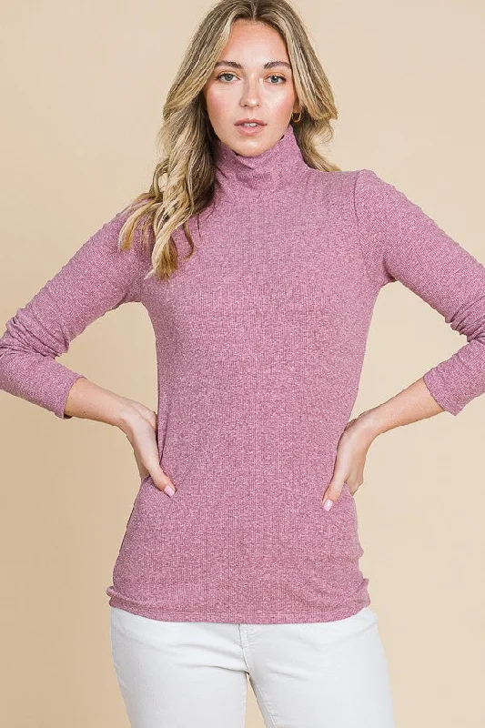 Mauve Ribbed Mock Neck Long Sleeve Top Refined Women's Hand - crafted