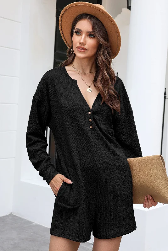 Notched Neck Long Sleeve Romper Luxurious Women's High -  end