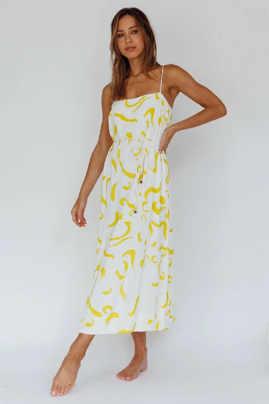 Rossy Waist Tie Midi Dress Printed Yellow Monochromatic All - in - one