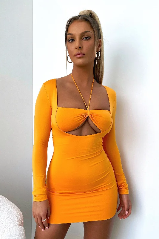 Taurus Long Sleeve Dress - Orange Polished Women's Silk