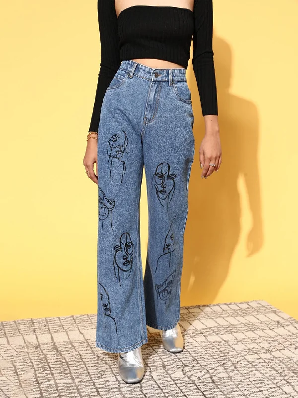 Women Blue Line-Art Print Straight Jeans Confident Women's High - fashion