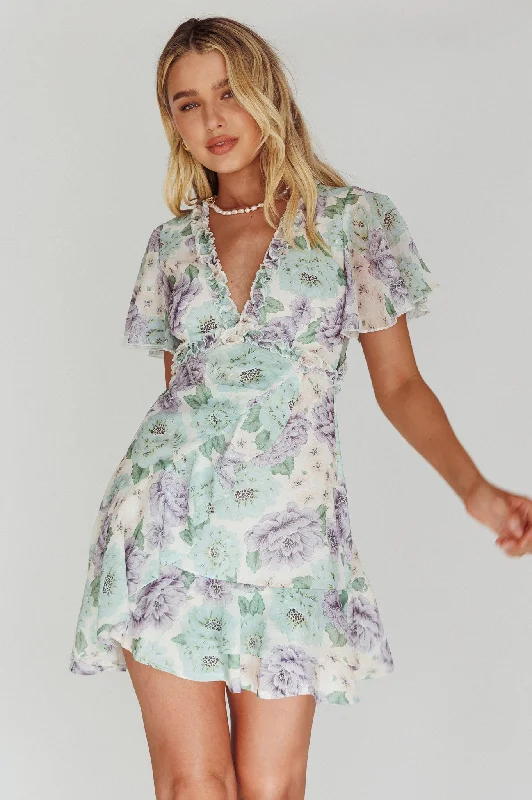 Laney Angel Sleeve Ruffle Dress Floral White Sharp Women's Italian
