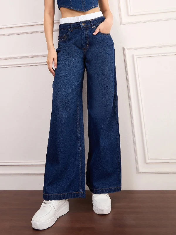 Women Navy Blue Double Waistband Jeans Stylish Women's Neon