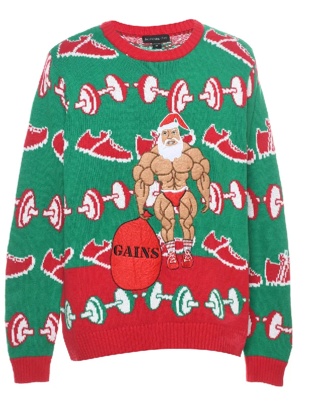 Green & Red Santa Claus Design Jumper - M Disco