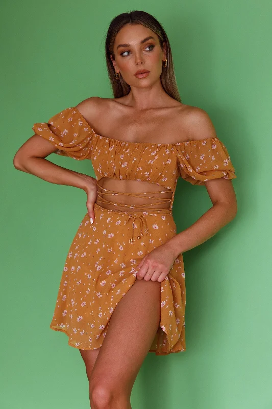 Full Hearts Lace-Up Waist Dress Floral Orange Luxurious Women's High -  end