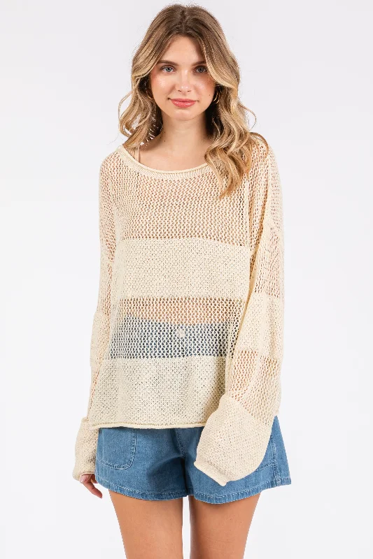 Cream Crochet Knit Long Sleeve Cover-Up Gym
