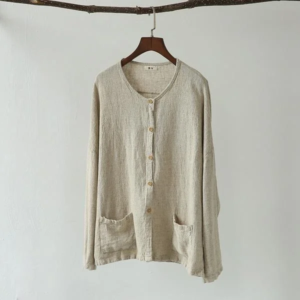Casual Vintage Linen Women Clothes 2020 New Long Sleeve Button Pockets O-Neck Brief Loose Modern Women's 