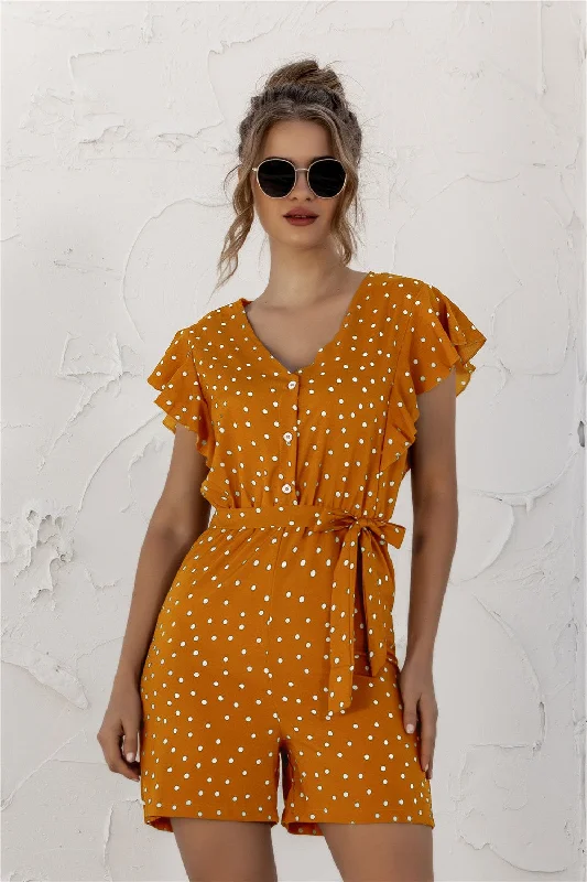 Ruffled Polka Dot Half Button Romper Cashmere