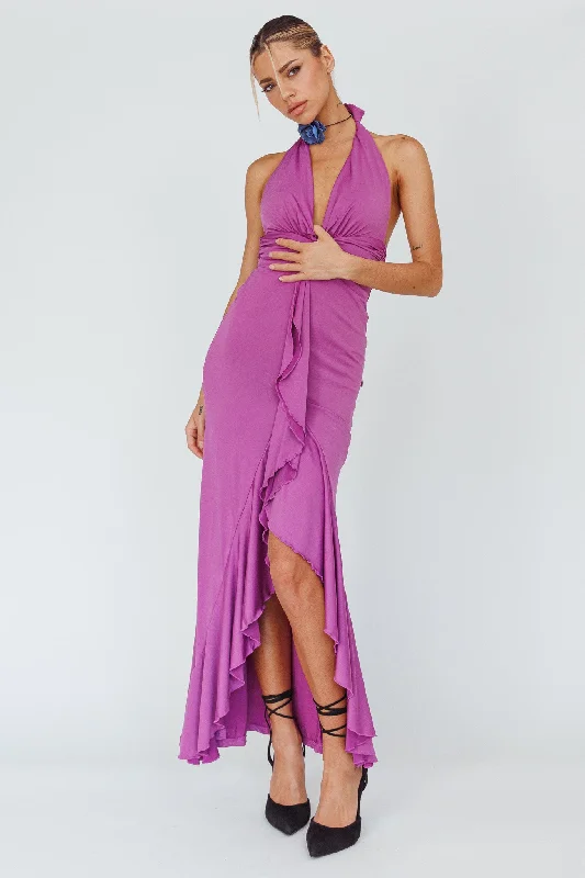 Zaphirah Halterneck Ruffle Dress Magenta Relaxed Women's 