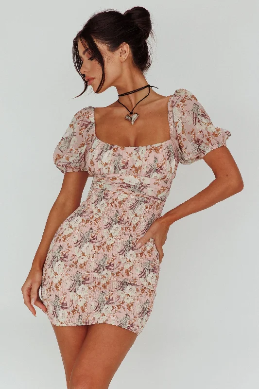 Joie Puff Sleeve Shirred Dress Floral Blush Practical Women's Quick - dry