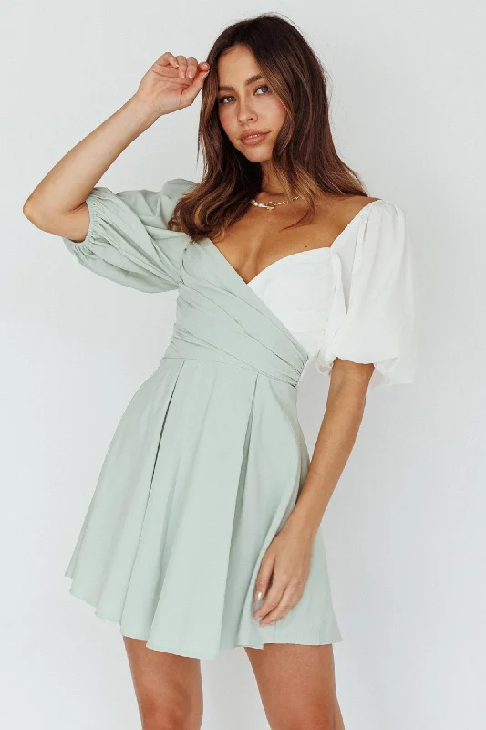 Melie Puff Sleeve Mini Dress Pistachio/White Earthy Women's Hemp - based