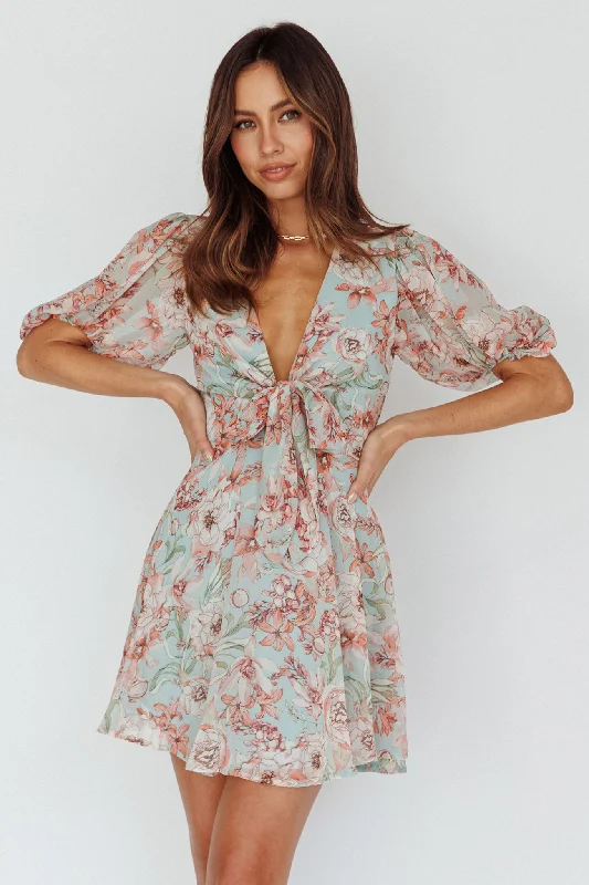 Madison Bow Tie Bust Puff Sleeve Dress Floral Mint Monochromatic All - in - one