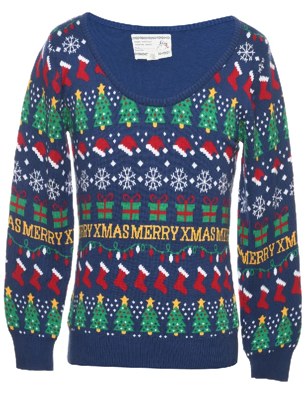 Blue Christmas Jumper - L Traditional Women's Wool