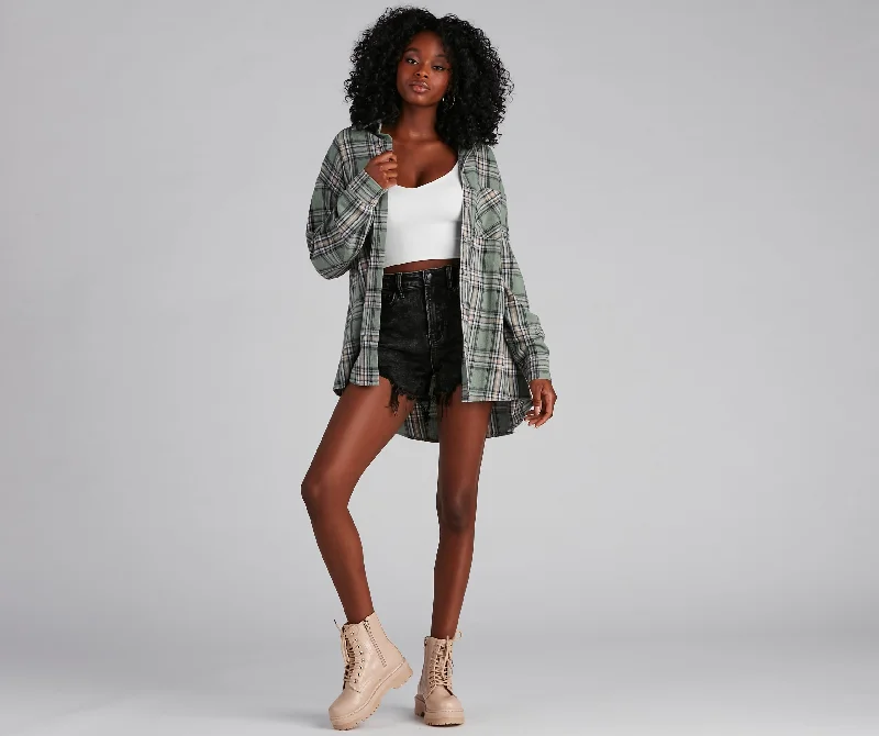 So Chill Plaid Button-Up Tunic Bold Women's Animal Print