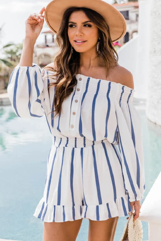 Striped Off Shoulder Smocked Romper Youthful Women's Anime - inspired