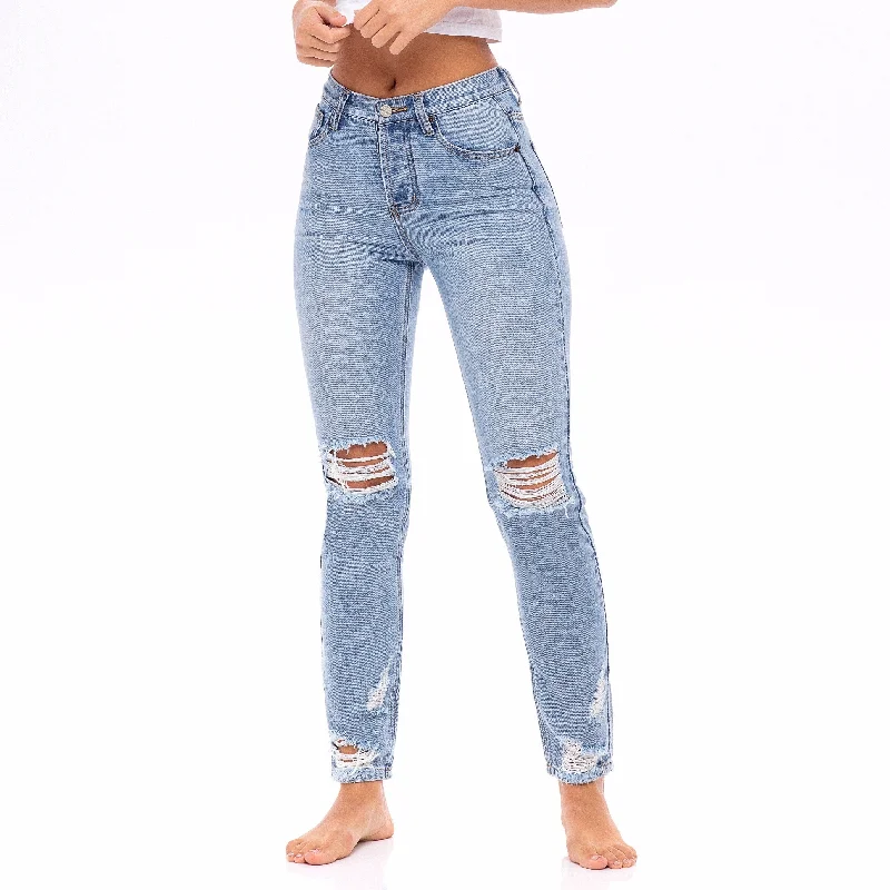 Star Stitched Pockets - Distressed High Waisted Mom Jeans  - The Zinnia Sporty Women's Athleisure 