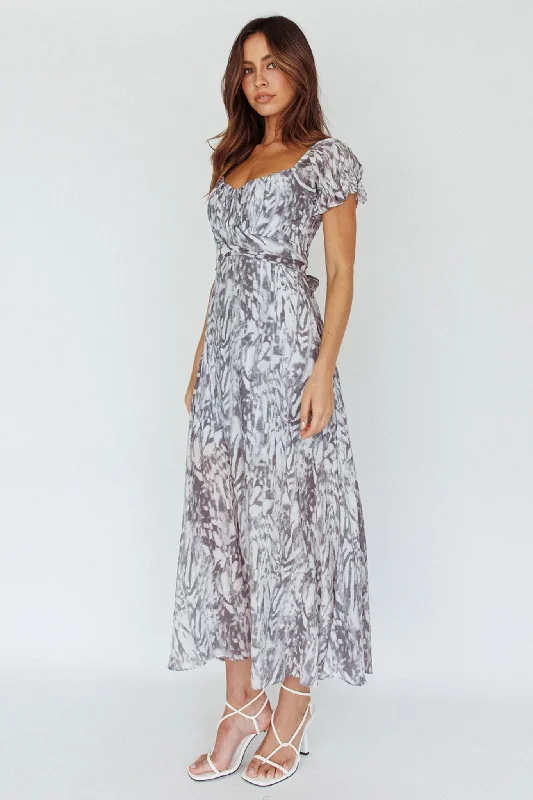 Linka Off-Shoulder Tie Back Midi Dress Printed Grey Laid - back Women's Vibe