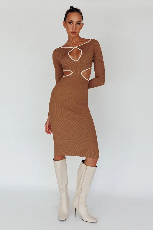 Jovie Keyhole Knit Midi Dress Mocha Dapper Women's Bow - adorned