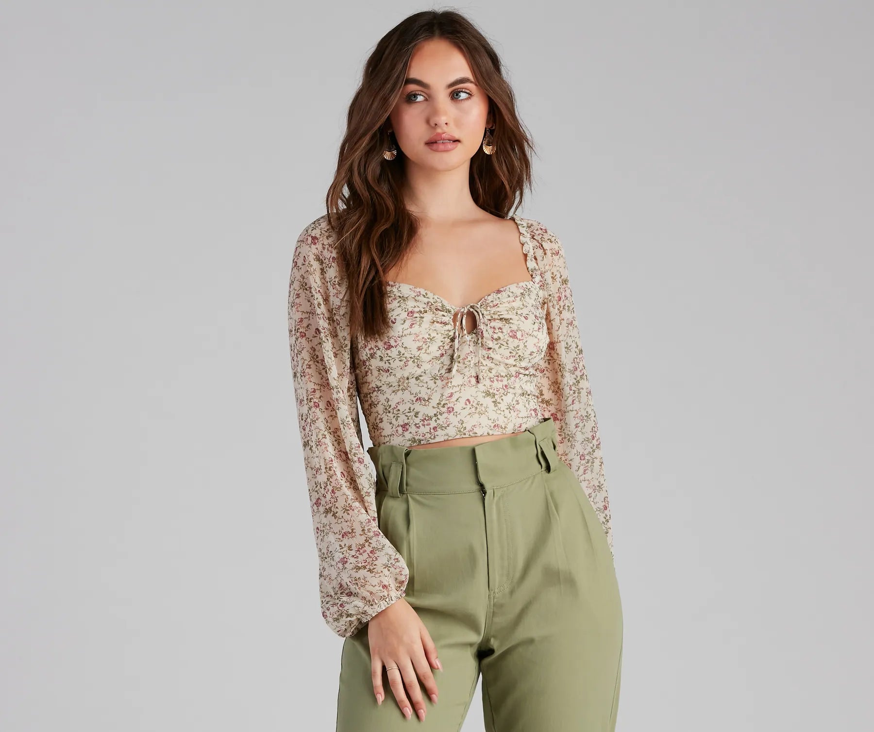 Femme Floral Chiffon Sweetheart Top Casual Women's Japanese 