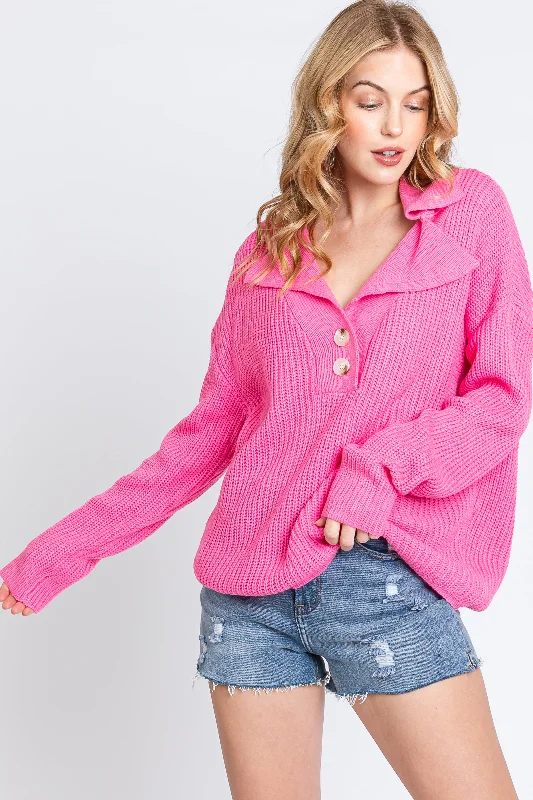 Pink Chunky Knit Front Button Sweater Practical Women's Multi - 