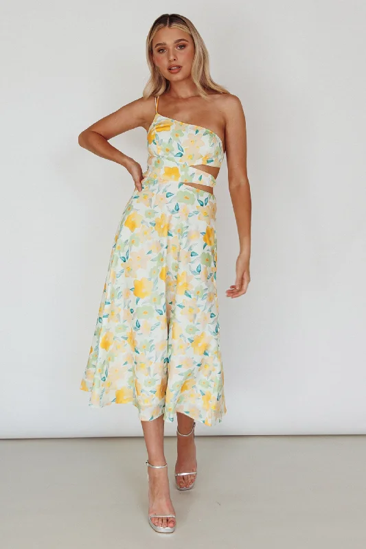 Halia One-Shoulder A-Line Midi Dress Floral Yellow Business