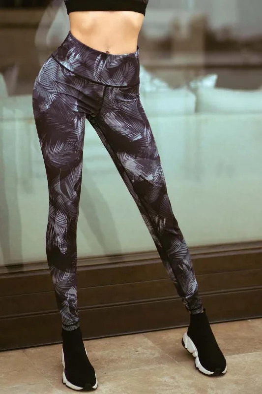 Feathered Palm Leaf Workout Leggings Polished Women's Silk