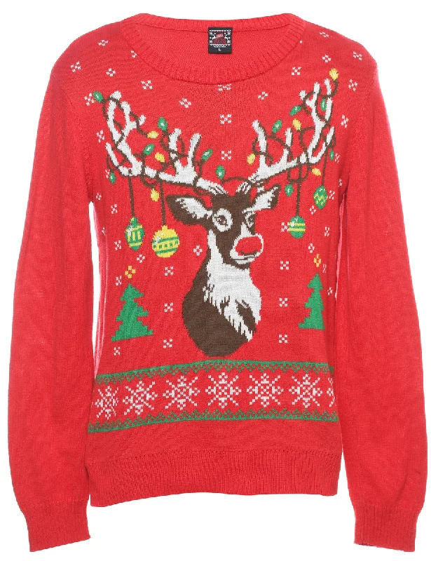 Reindeer Christmas Jumper - L Classic Women's Pin - striped