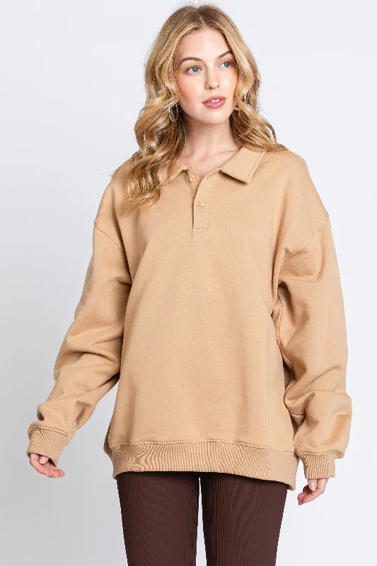 Taupe Collared Pullover Sweatshirt Business