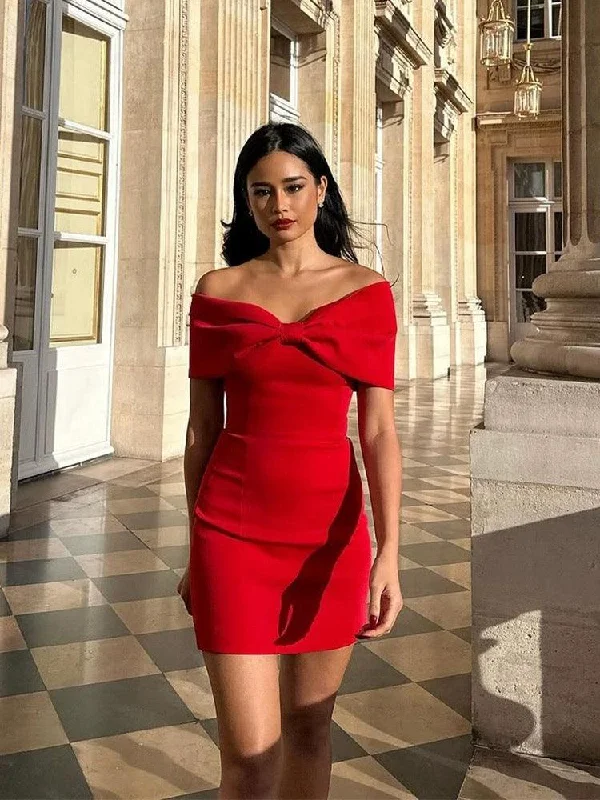 Serrie Red Bow Mini Dress Elegant Women's 
