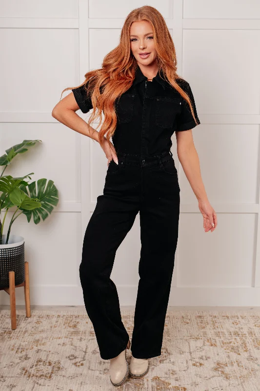 Judy Blue Short Sleeve Control Top Black  Denim Jumpsuit Refined Women's Hand - crafted