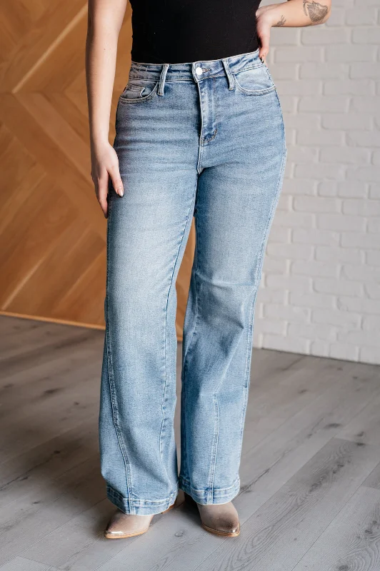 Judy Blue High Waist Side Seam Detail Wide Leg Retro Jeans Youthful Women's Pop