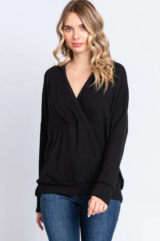 Black Ribbed Hooded Wrap Long Sleeve Top Confident Women's Power