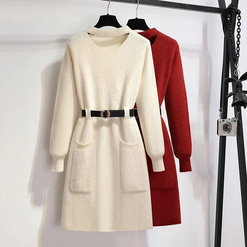 Hyacinth Knitted Dress With Belt Artistic Women's Hand - painted