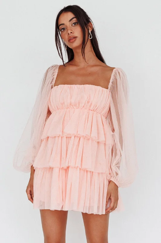 Spring Morning Long Sleeve Tiered Mini Dress Pink Hip Women's Urban