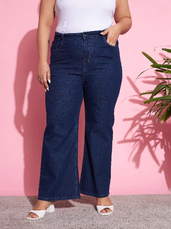 Women Navy Wash Denim Bell Bottom Jeans Sporty Women's Tennis