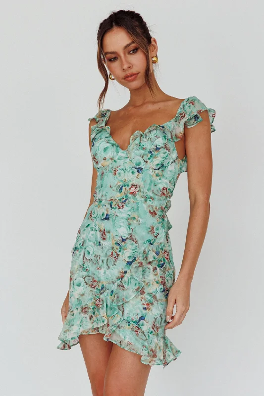 Make Memories Frill Strap Mini Dress Floral Mint Modern Women's Tech