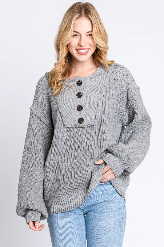 Grey Front Button Knit Sweater Australian Beach